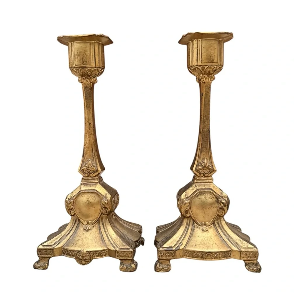 Pair Vintage Candlesticks Art Nouveau Victorian Gold Brass Candle Holders